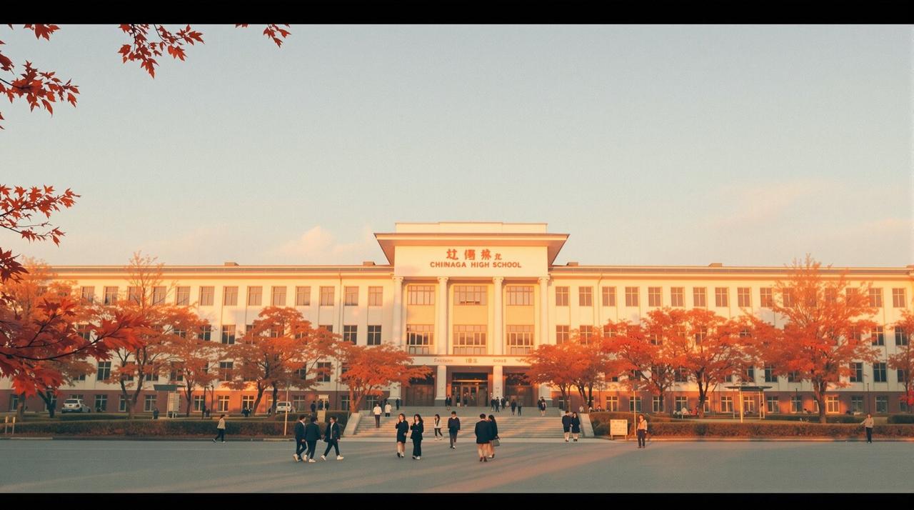 星空影院站头:夕阳下的校园与身着校服的学生